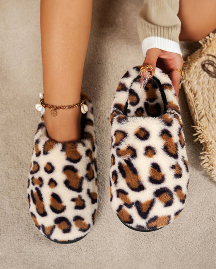 Coffee Leopard Print Plush Winter Slippers