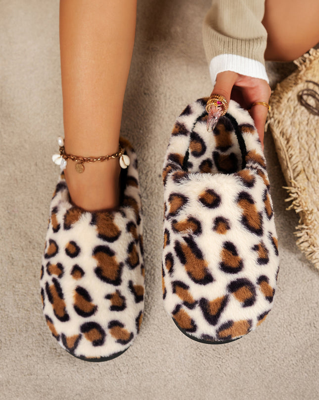Coffee Leopard Print Plush Winter Slippers