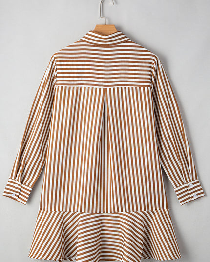 Brown Stripe Ruffle Hem Collared Long Sleeve Shirt Mini Dress