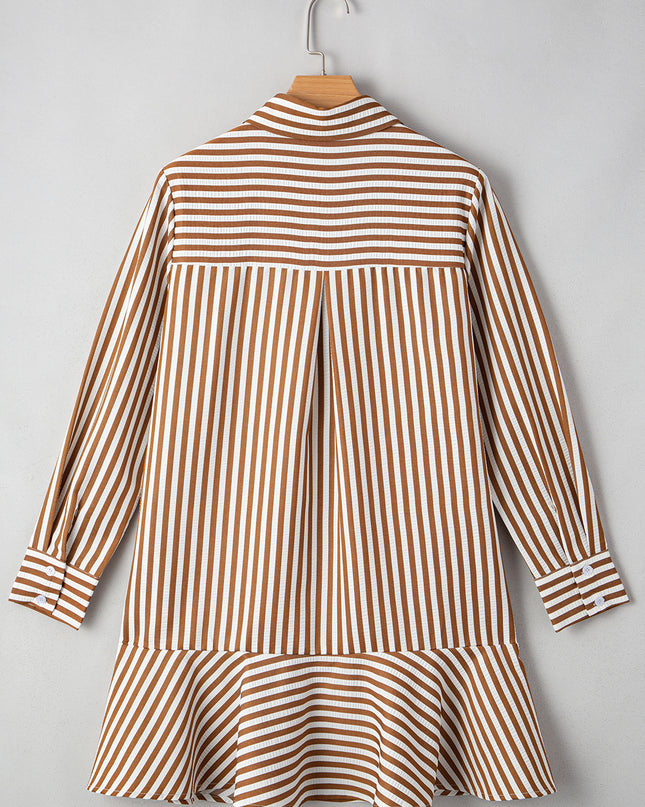 Brown Stripe Ruffle Hem Collared Long Sleeve Shirt Mini Dress