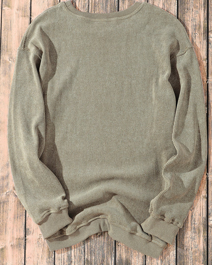 Green Ribbed Round Neck Drop Sleeve Pullover Sweatshirt