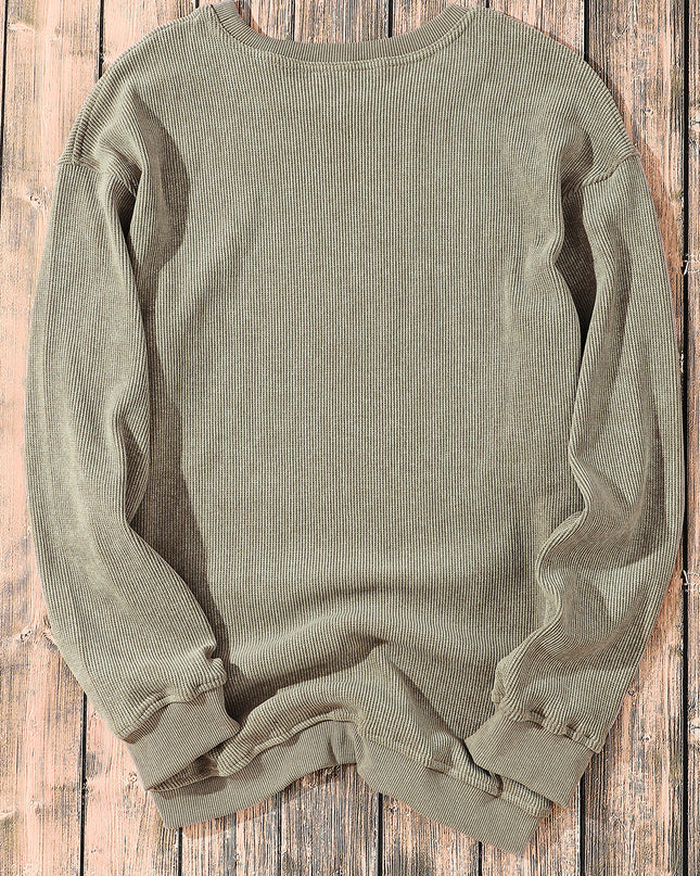 Green Ribbed Round Neck Drop Sleeve Pullover Sweatshirt