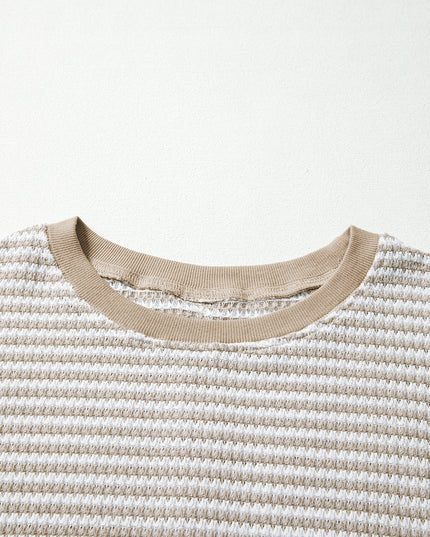 Brown Stripe Ribbed Trim Drop Shoulder Long Sleeve Oversized Top