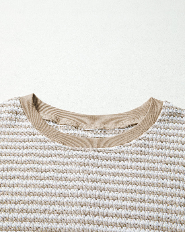 Brown Stripe Ribbed Trim Drop Shoulder Long Sleeve Oversized Top