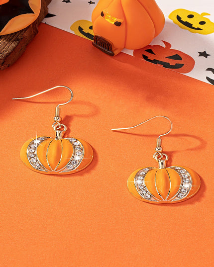 Orange Halloween Rhinestone Pumpkin Hook Earrings