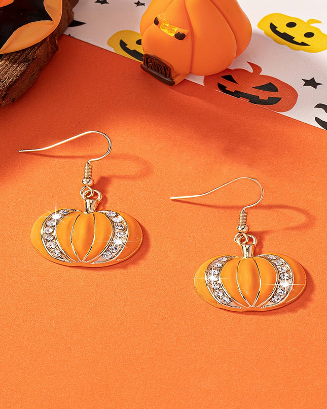 Orange Halloween Rhinestone Pumpkin Hook Earrings