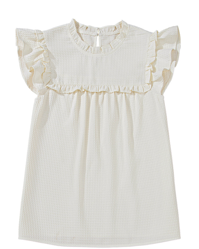 White Solid Color Ruffle Trim Waffle Textured Blouse