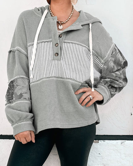 Gray Waffle Patchwork Drawstring Hooded Long Sleeve Top