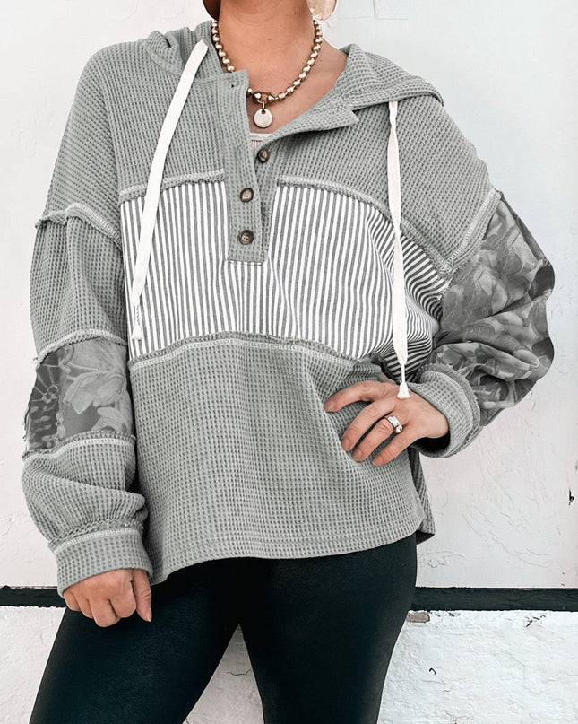 Gray Waffle Patchwork Drawstring Hooded Long Sleeve Top