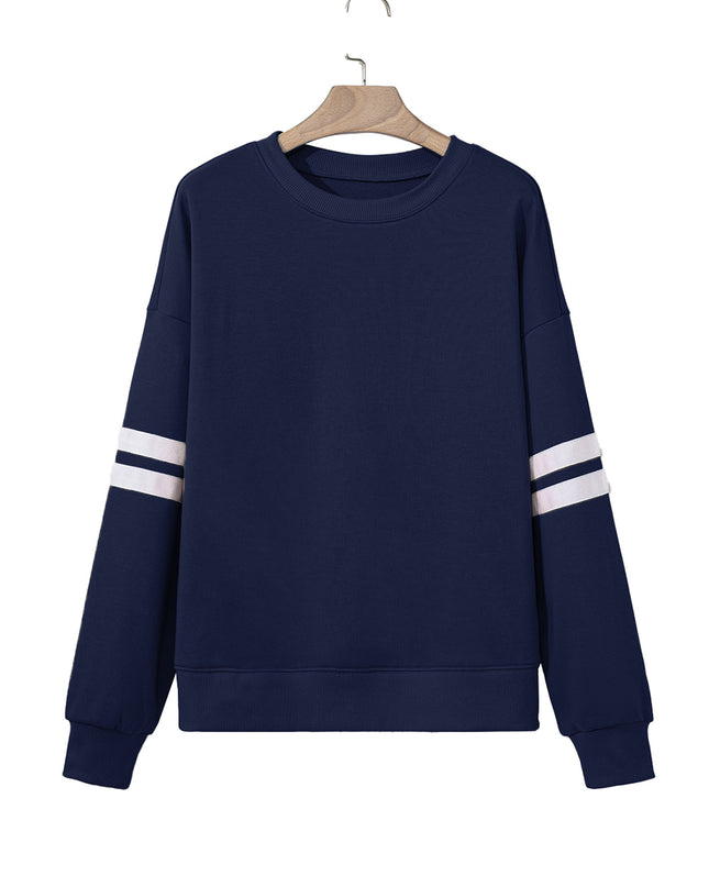 Fiery Red Preppy Striped Sleeve Loose Sweatshirt