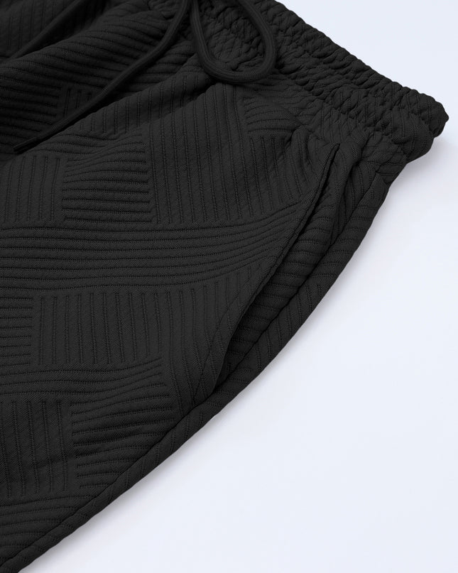 Black Textured Loose Fit T Shirt and Drawstring Pants Set