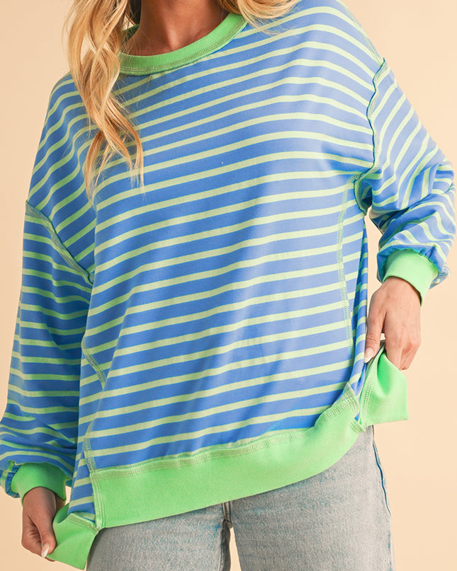Pink Stripe Contrast Trim High Low Tunic Sweatshirt