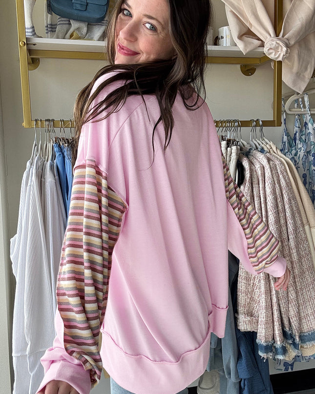 Pink Striped Patchwork Button V Neck Pullover Sweatshirt
