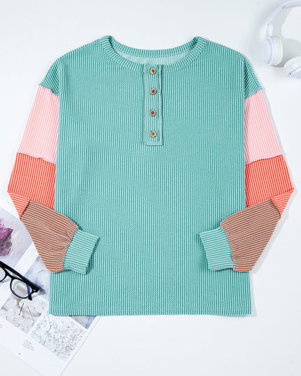 Multicolour Twisted Ribbed Colorblock Patchwork Henley Top