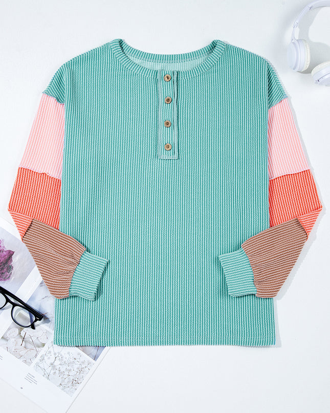 Multicolour Twisted Ribbed Colorblock Patchwork Henley Top