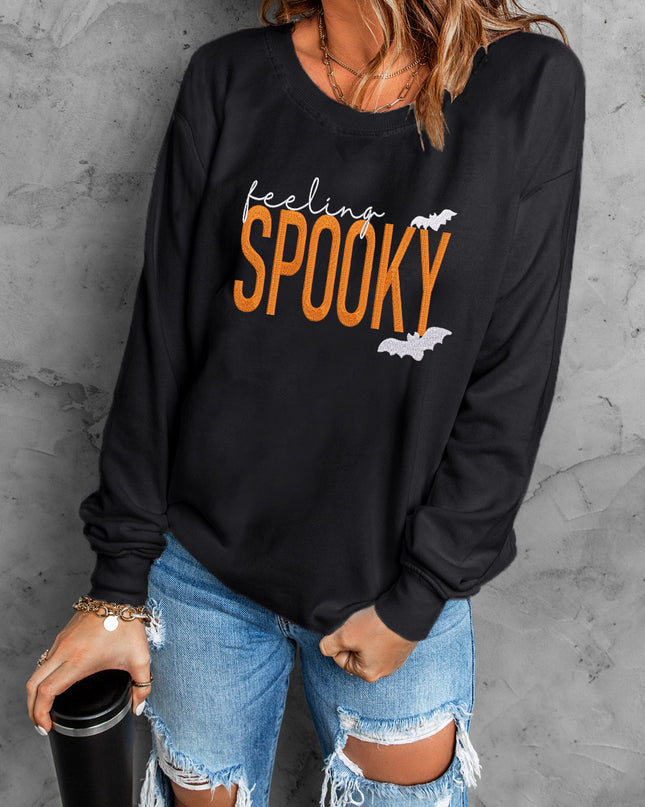 Feeling Spooky Halloween Sweatshirt – Embroidered Graphic Oversized Black Pullover