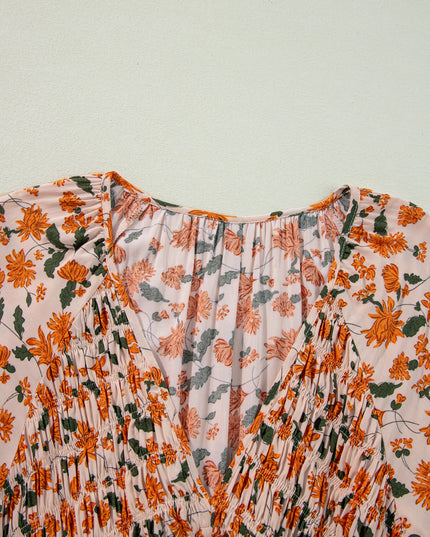 Beige Floral Smocked V Neck Bubble Sleeve Babydoll Dress
