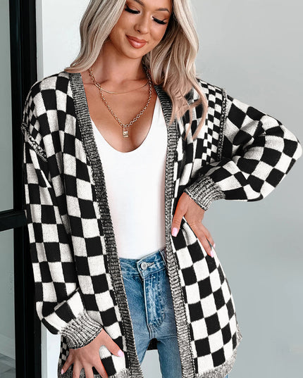 Orange Checkered Open Front Drop Shoulder Cardigan