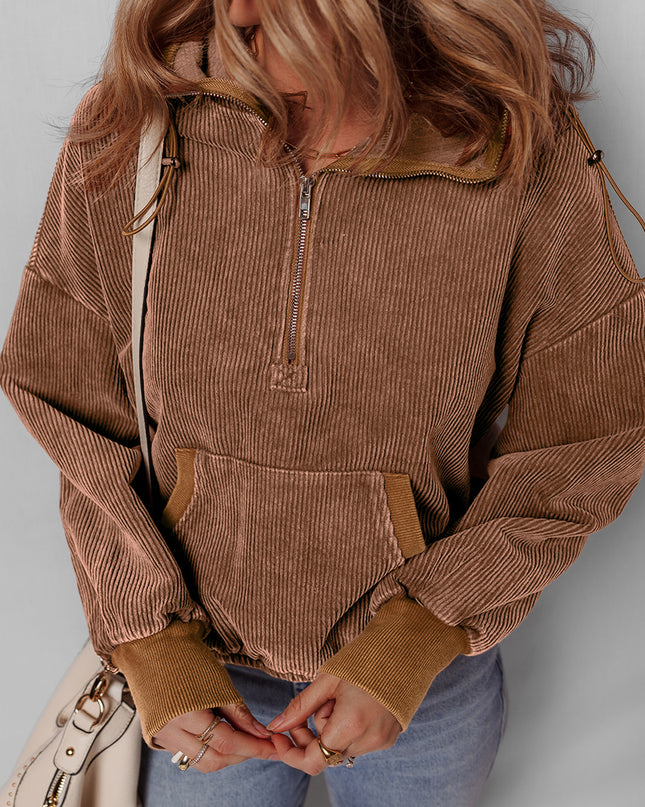 Chestnut Half Zipper Kangaroo Pocket Drawstring Corduroy Hoodie