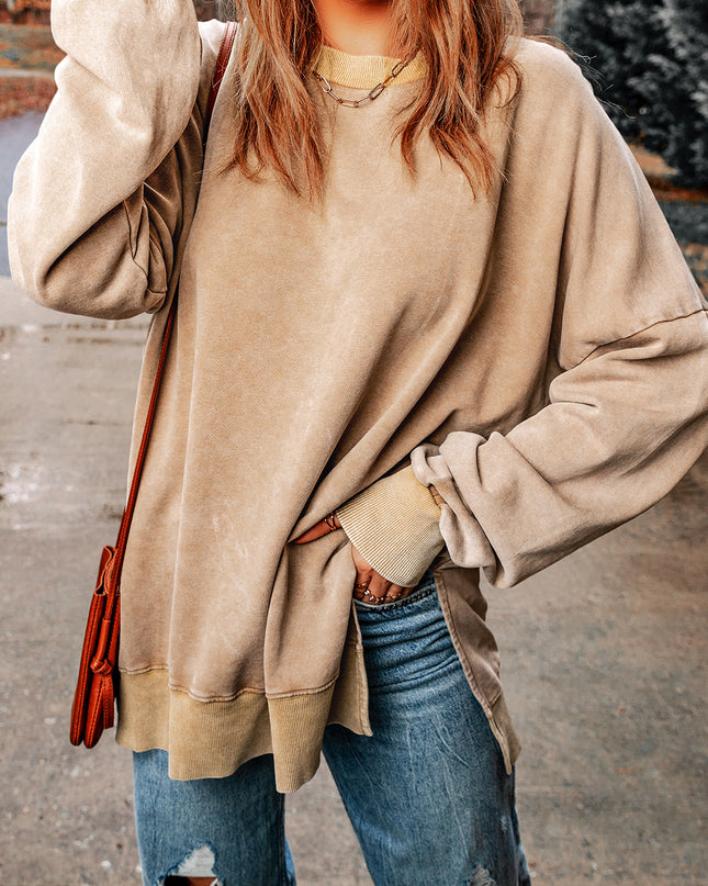 Khaki Plain Drop Shoulder Ribbed Trim Oversized Sweatshirt