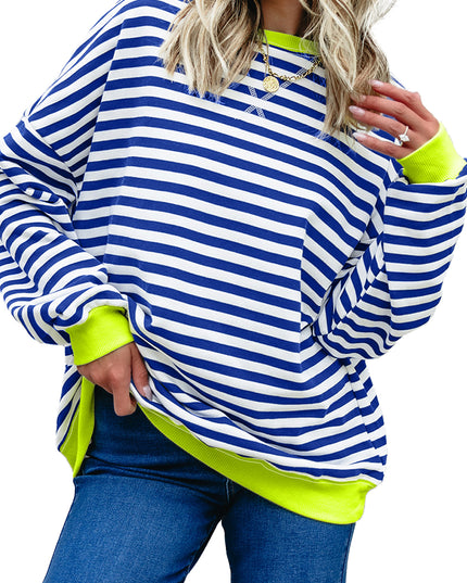 Blue Striped Contrast Trim Drop Shoulder Sweatshirt