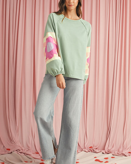 Smoke Green Flower Patchwork Exposed Seam Raglan Sleeve Top