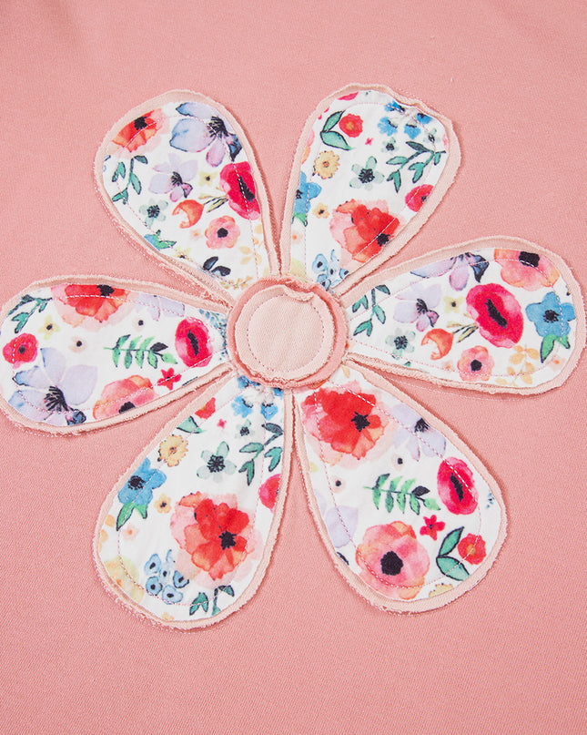 Peach Blossom Flower Applique Patchwork Drop Sleeve Pullover Sweatshirt