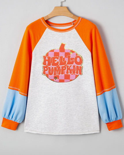 Light Grey HELLO PUMPKIN Patched Graphic Colorblock Raglan Sleeve Top
