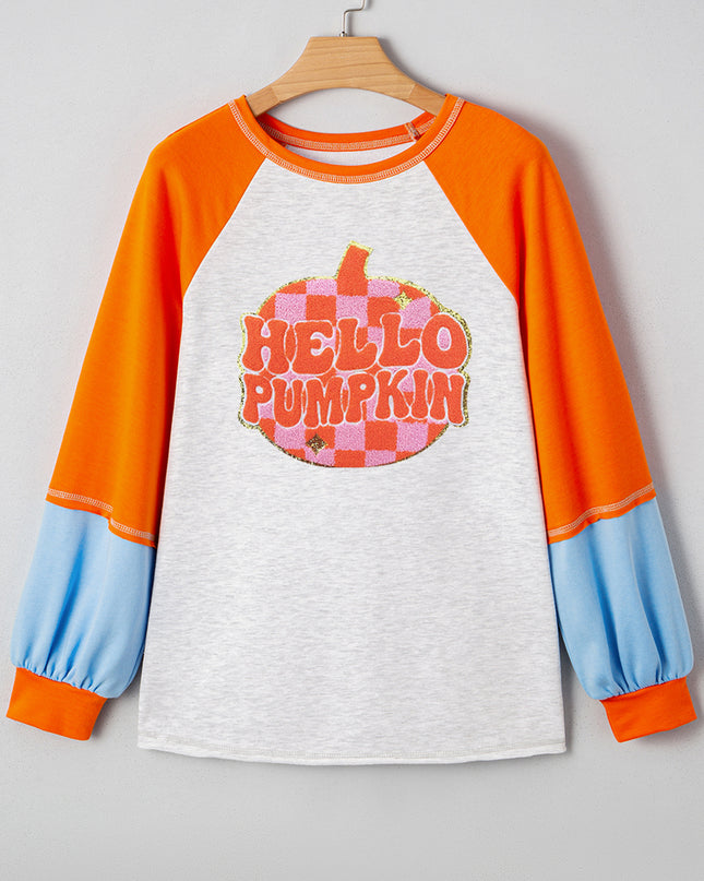 Light Grey HELLO PUMPKIN Patched Graphic Colorblock Raglan Sleeve Top