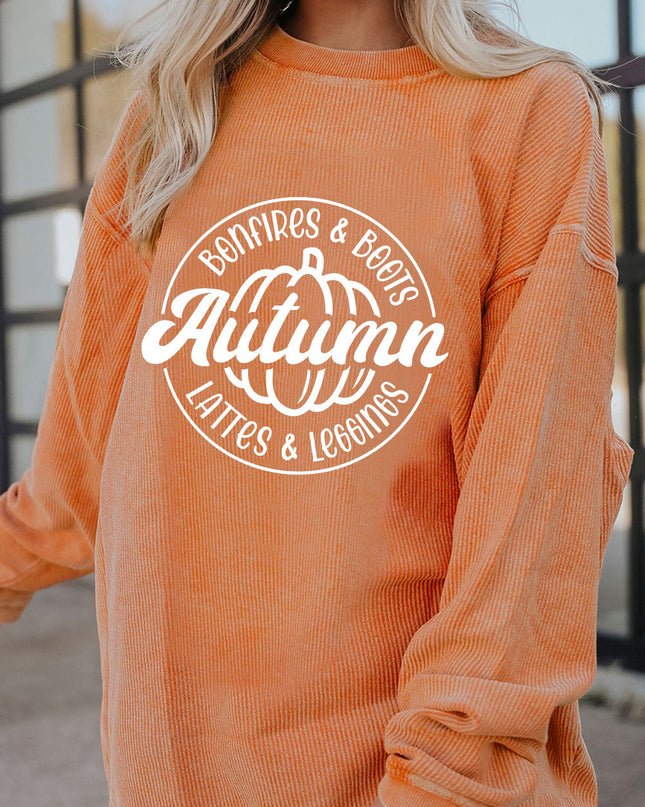 Orange Pumpkin Graphic Print Corded Oversized Sweatshirt