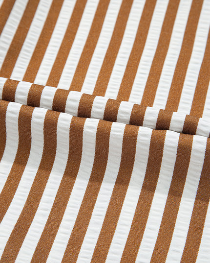 Brown Stripe Ruffle Hem Collared Long Sleeve Shirt Mini Dress
