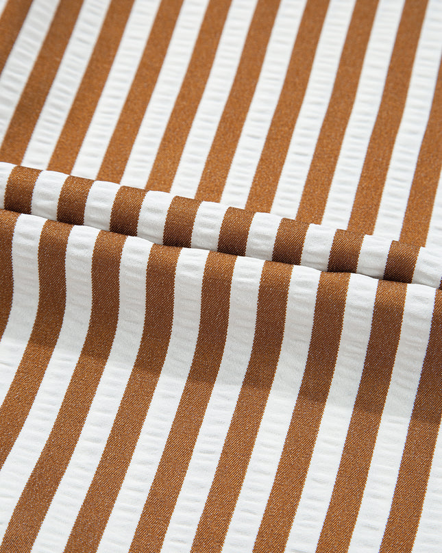 Brown Stripe Ruffle Hem Collared Long Sleeve Shirt Mini Dress