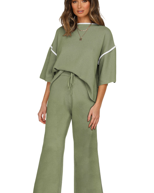Navy Blue Loose Contrast Trim Half Sleeve Top and Drawstring Pants Set