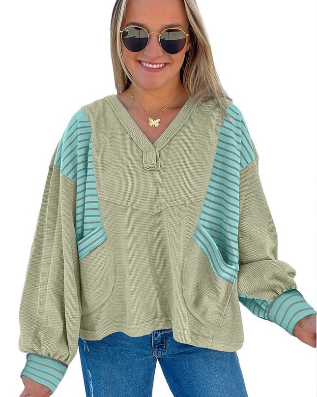 Meadow Mist Green Exposed Seam Waffle Striped Patchwork Baggy Pullover