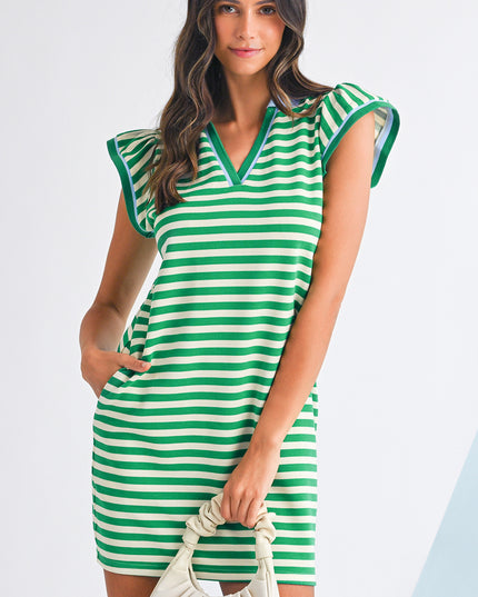 Green Striped Ruffle Short Sleeve Pop of Color Neckline Dress
