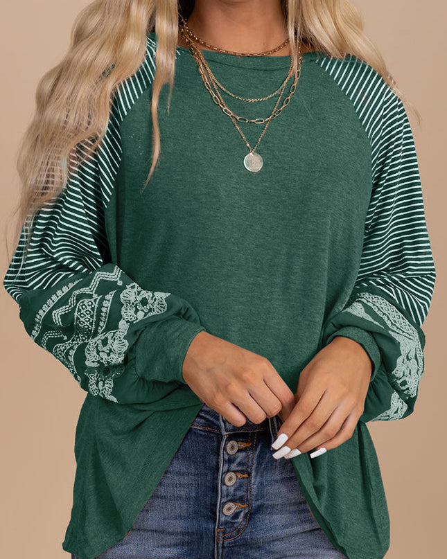 Rose Red Contrast Print Striped Raglan Long Sleeve Loose Top