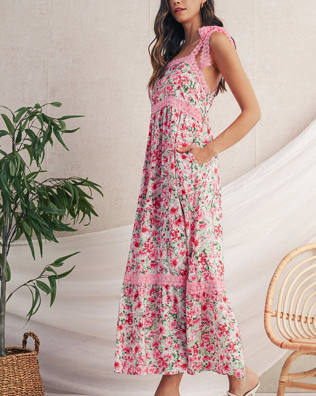 Green Floral Lace Tied Strap Empire Waist Maxi Dress