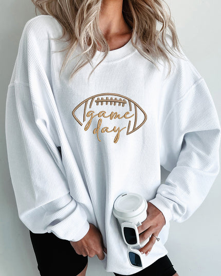 Dark Blue Football Graphic Drop Shoulder Game Day Corded Sweatshirt