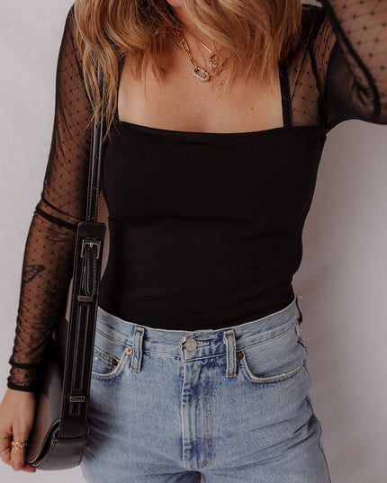 Black Polka Dot Mesh Long Sleeve Square Neck Bodysuit