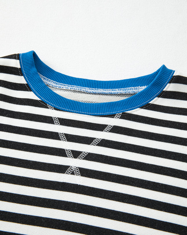 Blue Striped Contrast Trim Drop Shoulder Sweatshirt