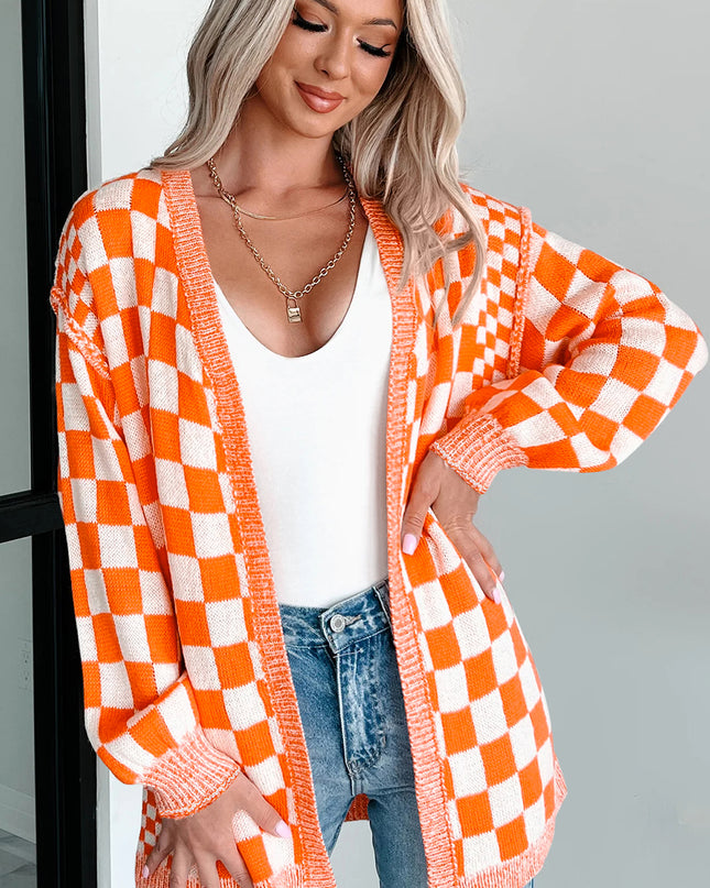 Orange Checkered Open Front Drop Shoulder Cardigan