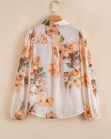 Orange Floral Puff Sleeve Lightweight Shirt