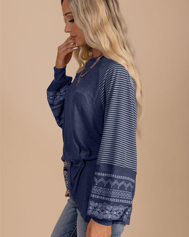 Rose Red Contrast Print Striped Raglan Long Sleeve Loose Top