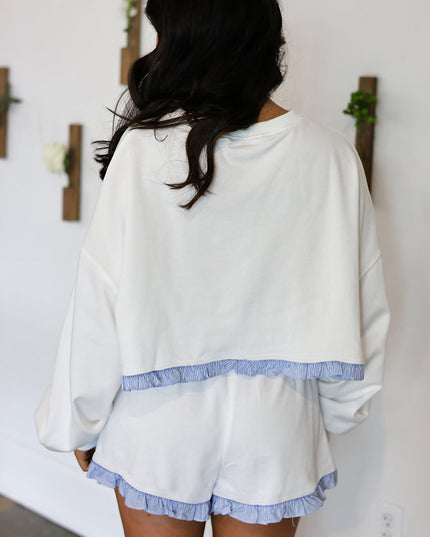 White Striped Ruffle Hem Long Sleeve Pullover and Shorts Set