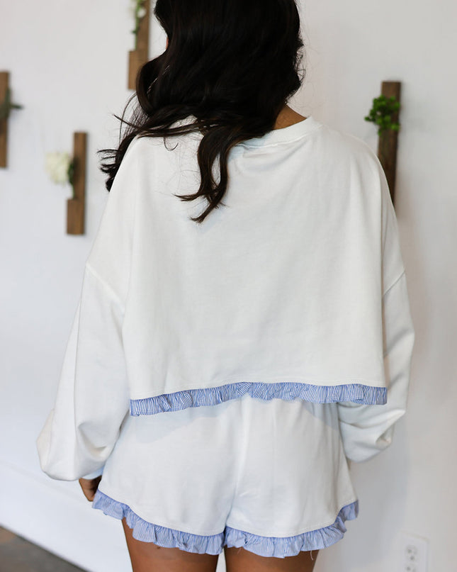 White Striped Ruffle Hem Long Sleeve Pullover and Shorts Set