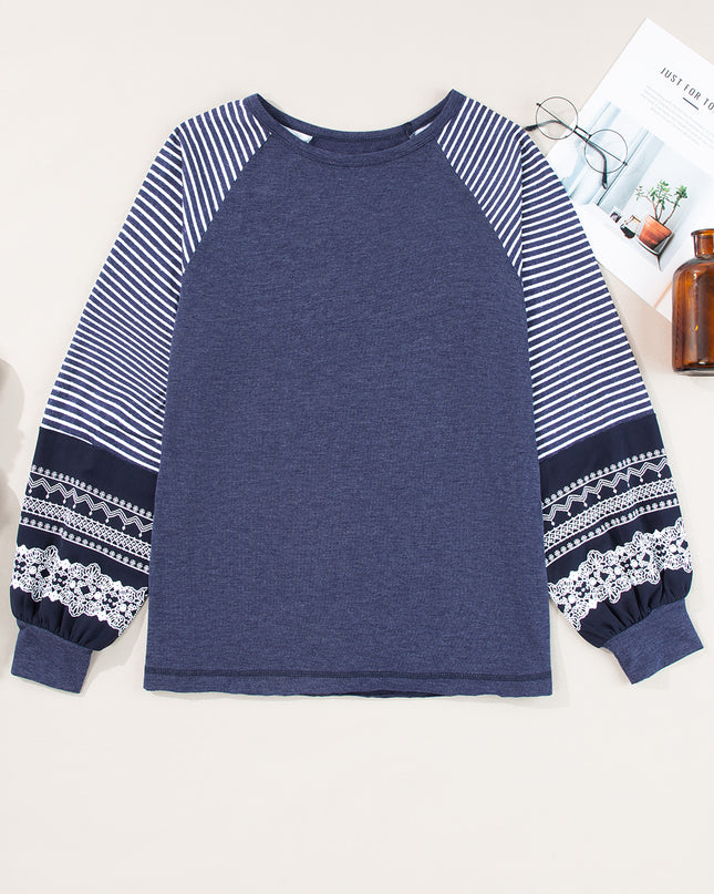 Rose Red Contrast Print Striped Raglan Long Sleeve Loose Top