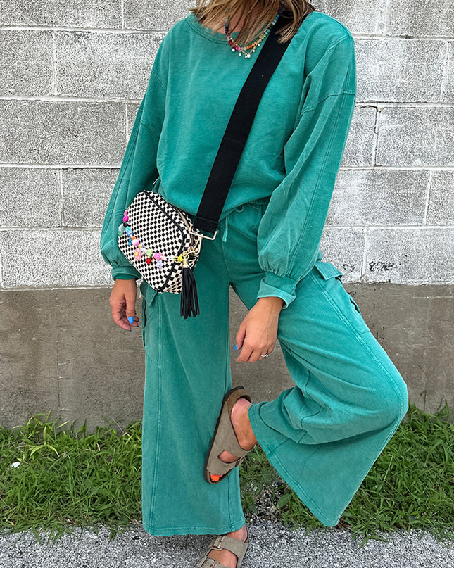 Lapis Mineral Wash Pullover and Wide Leg Cargo Pants Set