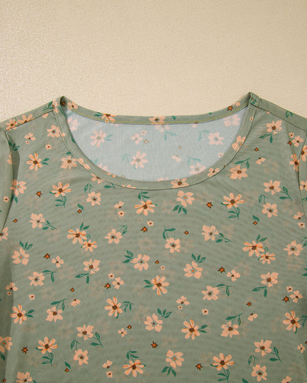 Laurel Green Vintage Floral Print Mesh Slim Fit Long Sleeve Top