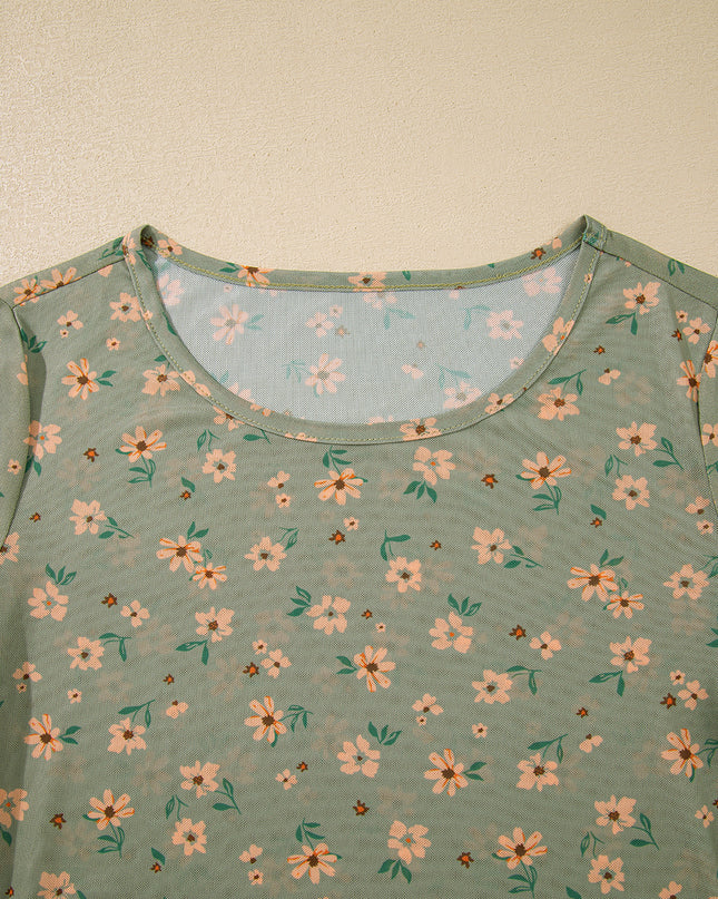 Laurel Green Vintage Floral Print Mesh Slim Fit Long Sleeve Top
