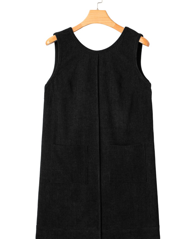 Black Corduroy Exposed Seam Sleeveless Mini Dress